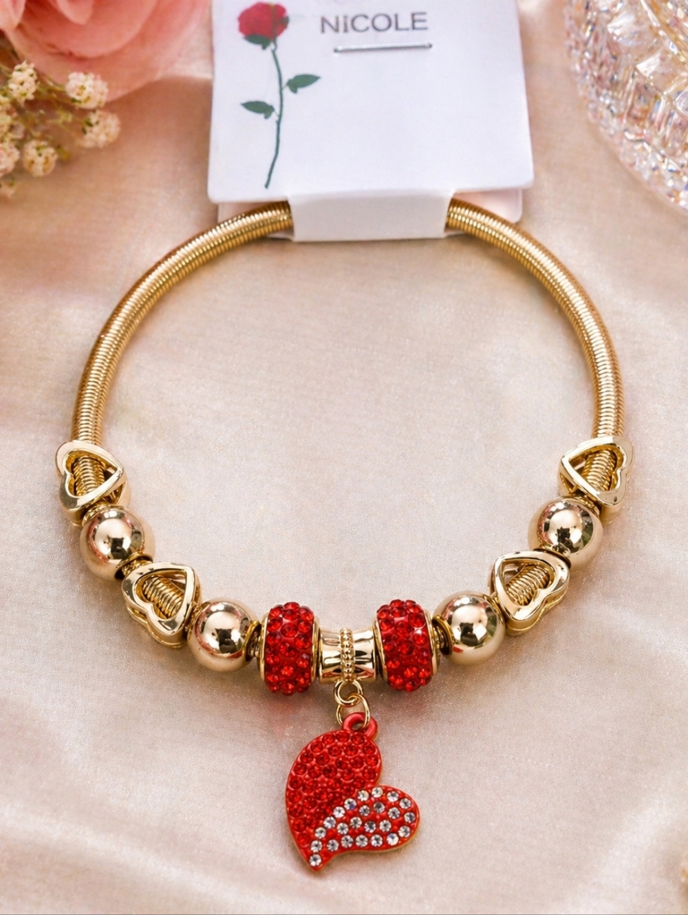 Gold Charm Bracelet | Red Rhinestone Heart Statement Bracelet